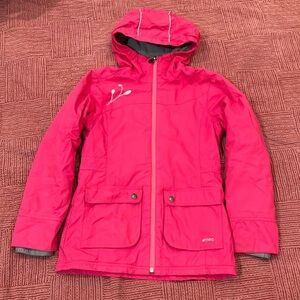 MEC girls pink fleece lined rainjacket with hood size 10 years